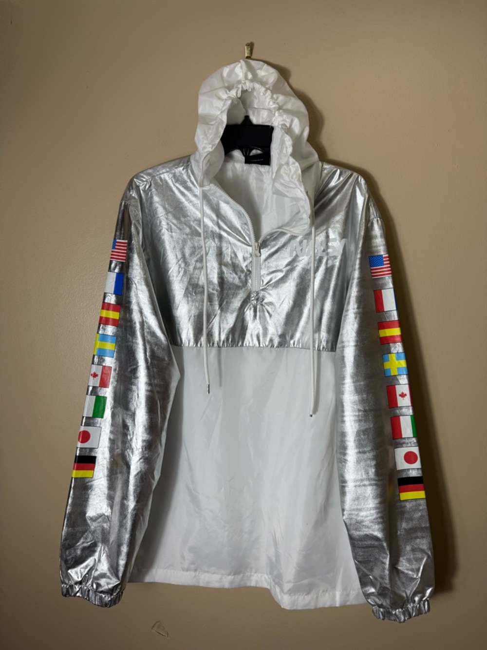 NASA Silver Metallic Windbreaker Jacket Mens XL Flags Streetwear Y2K